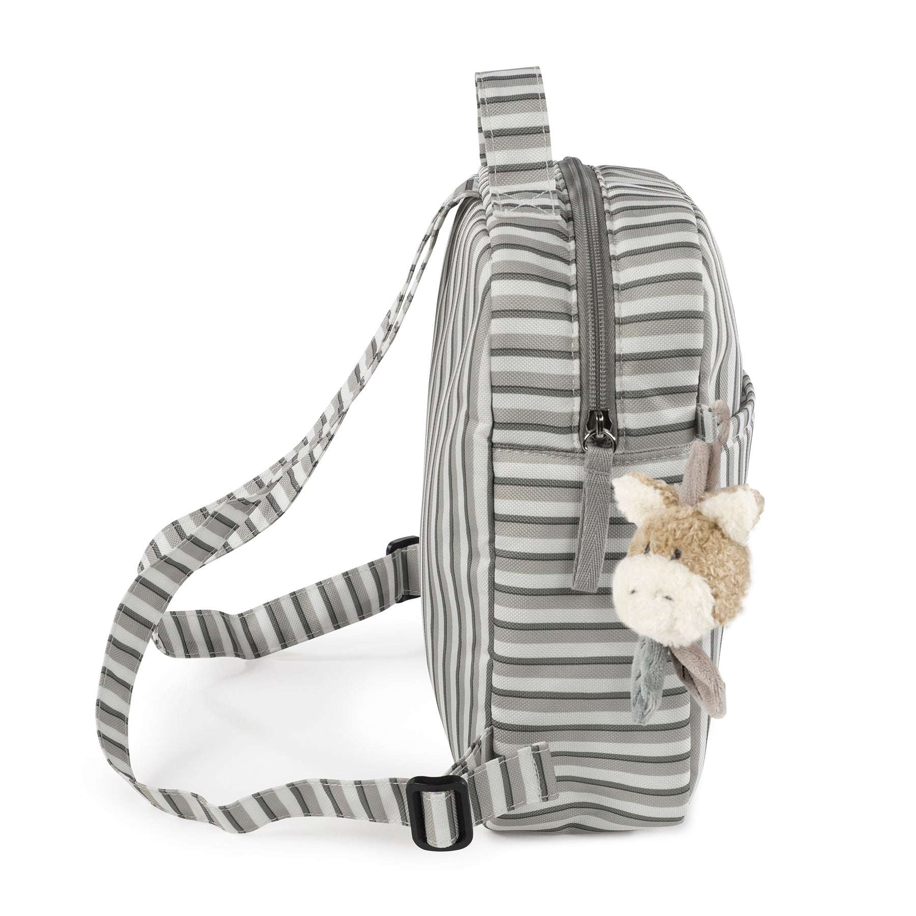 Csíkos mintás gyerek hátizsák állítható vállpántokkal, cipzáras záródással - szamárr részlettel