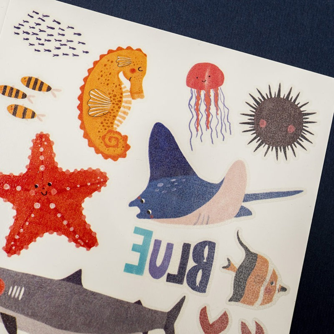 Londji Blue gyerek tetoválás tengeri állatokkal, rája, csillag és medúza mintákkal