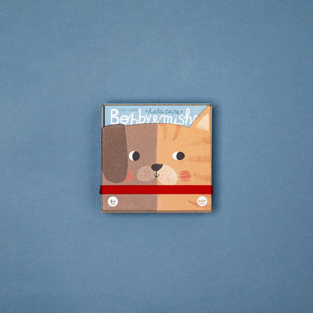 Londji Bobby & Misha mini gondoskodós társasjáték doboza, kutya és cica illusztrációval, 4 éves kortól