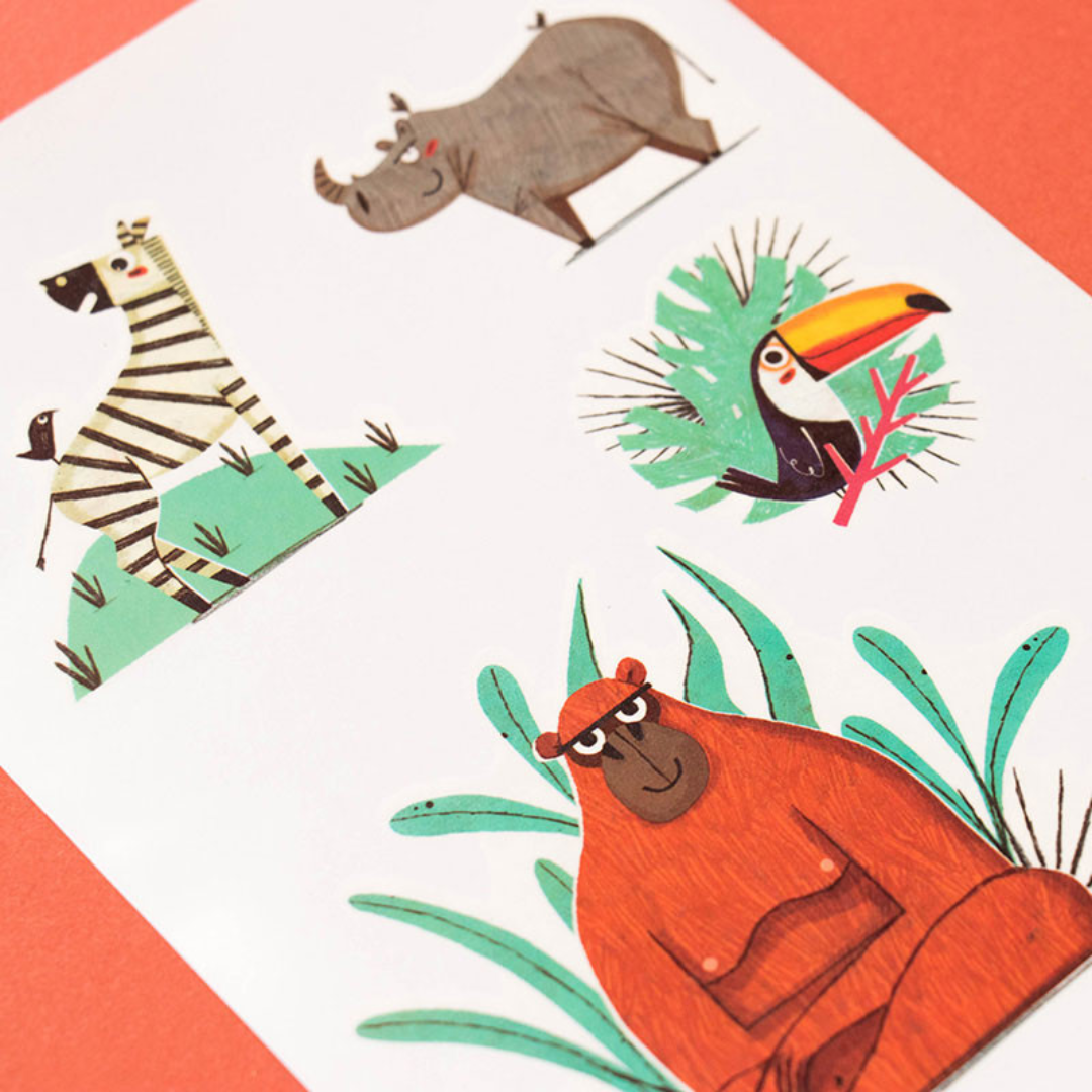 Londji Dzsungel lemosható gyerek tetoválás zebra, tukán és majom mintákkal