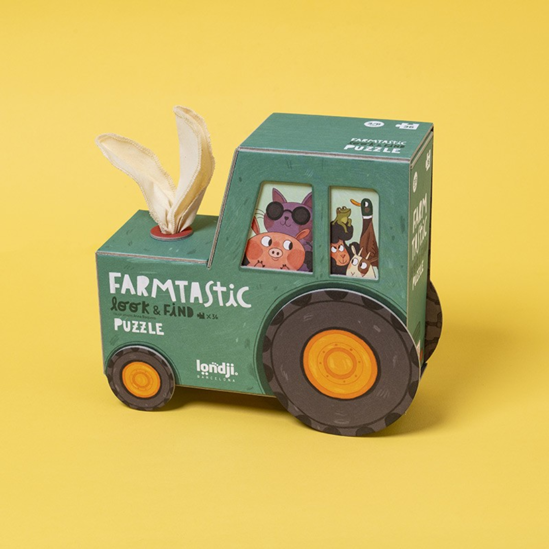 Londji Farmtasztikus kirakó gyerekeknek traktor alakú doboz oldalnézet