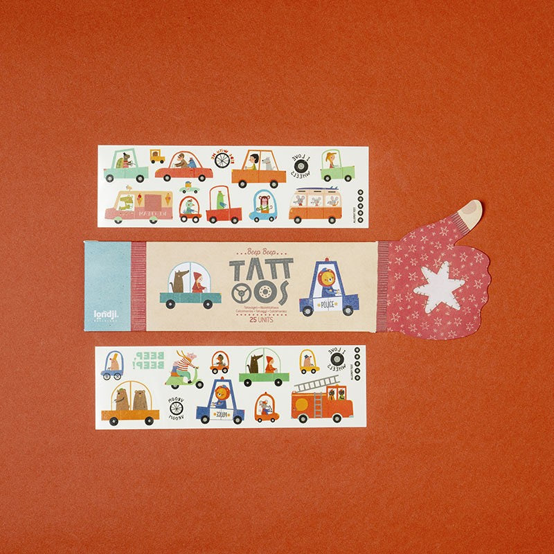 Londji Tütű gyerek tetoválás szett, 25 darab autós és járműves tetoválás