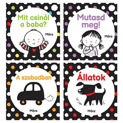 A baba első könyvtára: Mit csinál a baba?, Mutasd meg!, A szabadban és Állatok – a négy kis könyv borítója