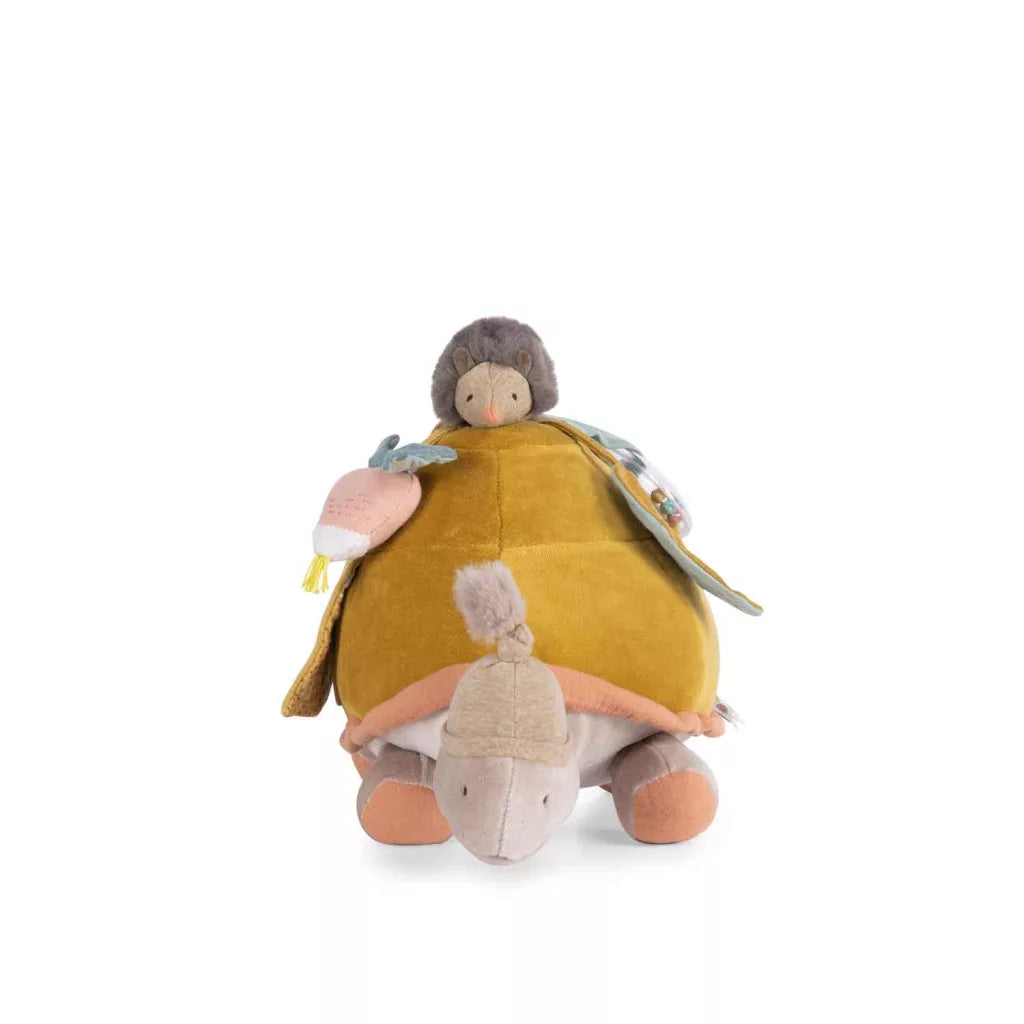 Moulin Roty készségfejlesztő teknős plüss játék szemből