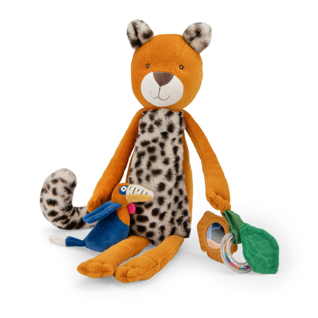 Moulin Roty Taige leopárd készségfejlesztő plüss baba játék tukán madárral és rágókával