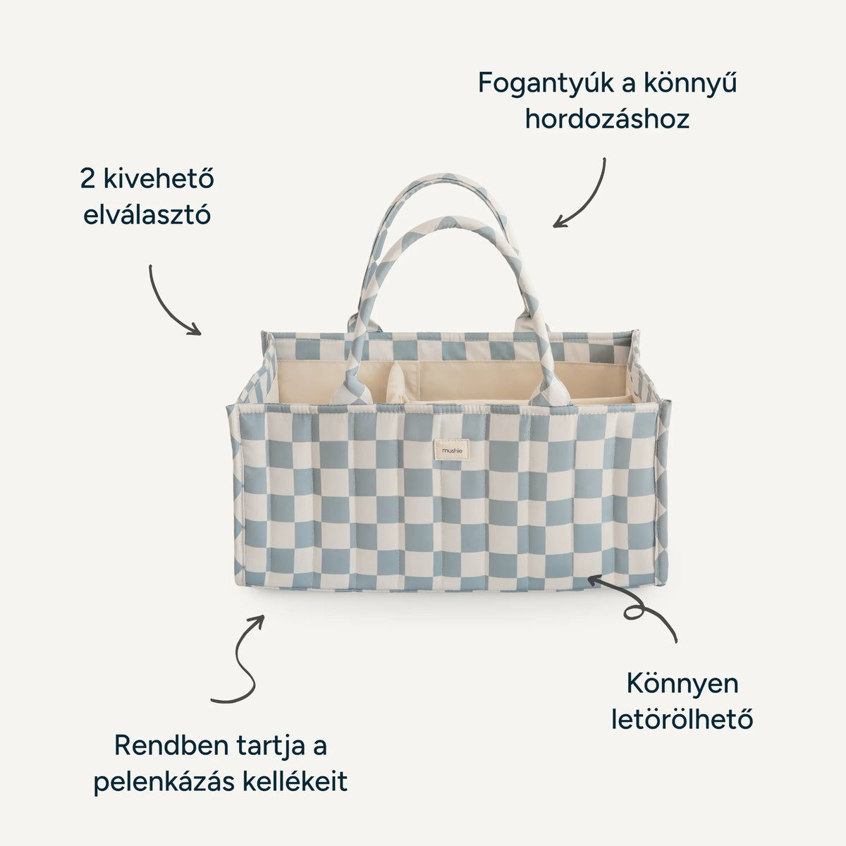 Mushie kék kockás pelenkázó rendszerező tulajdonságai magyar feliratokkal: 2 kivehető elválasztó, fogantyúk, könnyen letörölhető