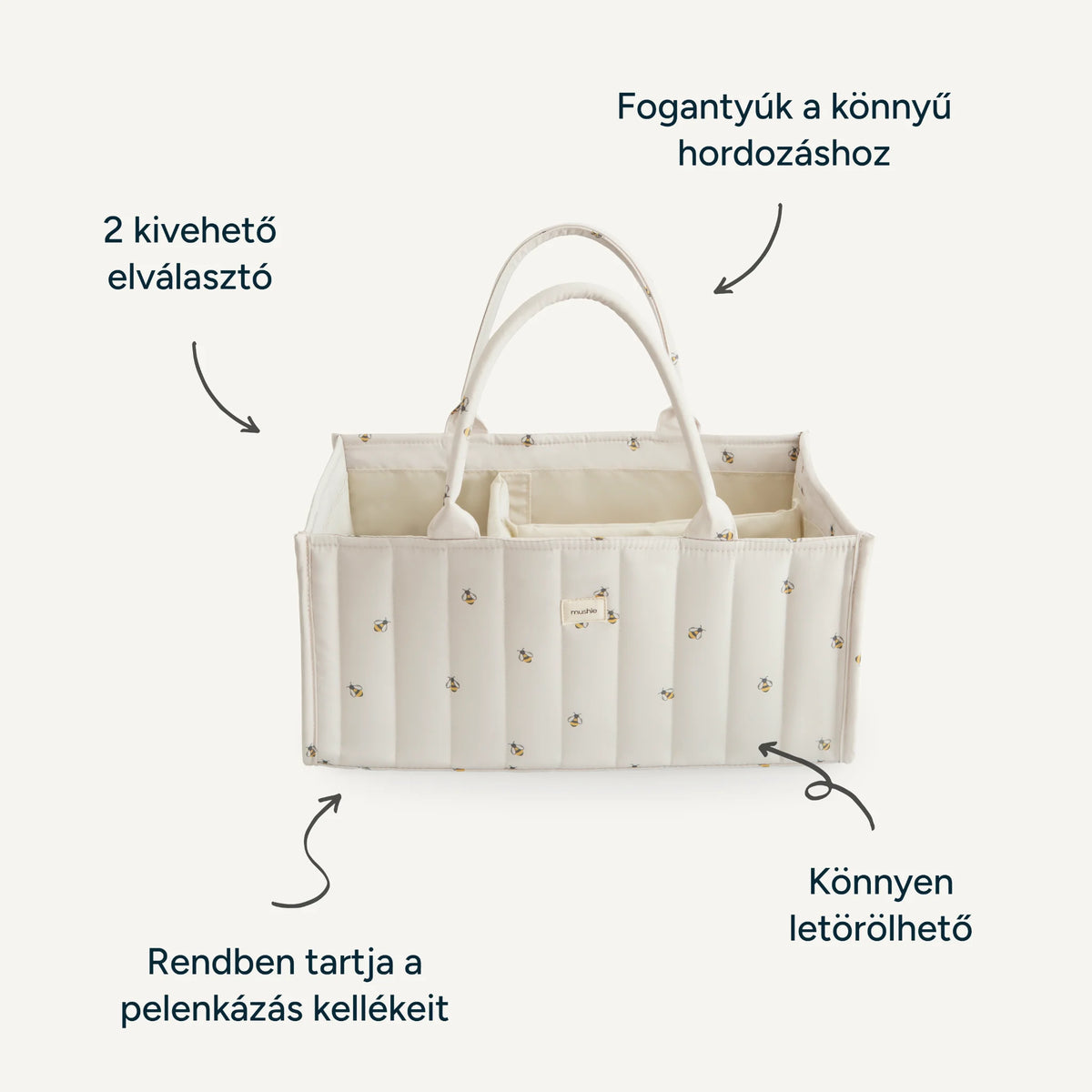 Mushie méhecske mintás pelenkázó rendszerező tulajdonságai magyar feliratokkal: 2 kivehető elválasztó, fogantyúk, könnyen letörölhető