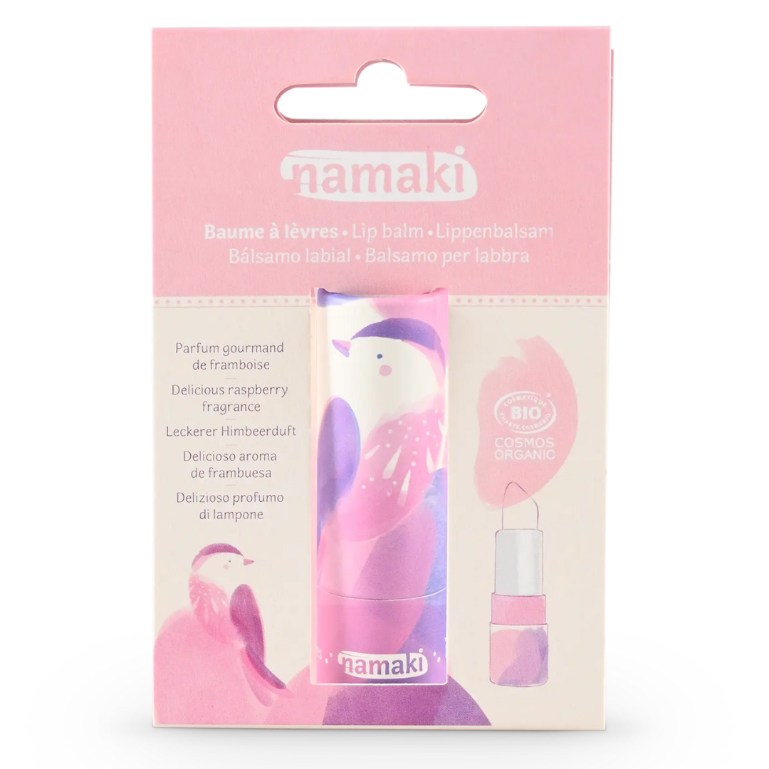 Namaki gyerek ajakbalzsam málna csomagolása elölről, COSMOS Organic tanúsítvánnyal