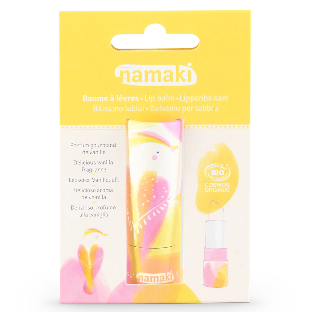 Namaki gyerek ajakbalzsam vanília csomagolása elölről, COSMOS Organic tanúsítvánnyal