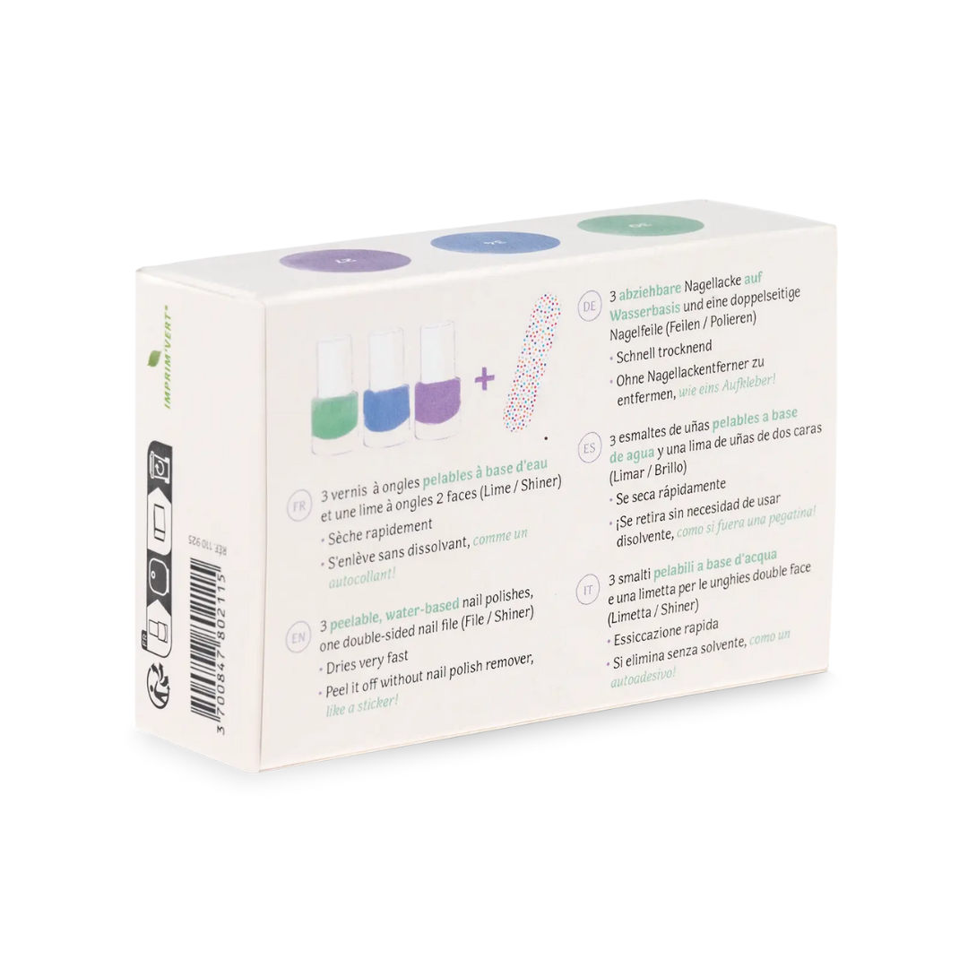 Namaki Aurora Borealis gyerek körömlakk szett csomagolása hátulról, termékinformációkkal