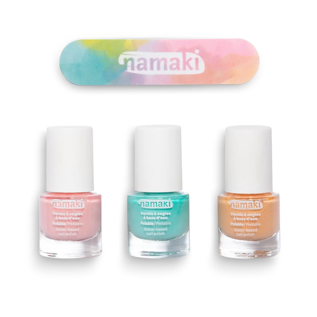Namaki vízbázisú gyerek körömlakkok pasztell színekben, mintás körömreszelővel