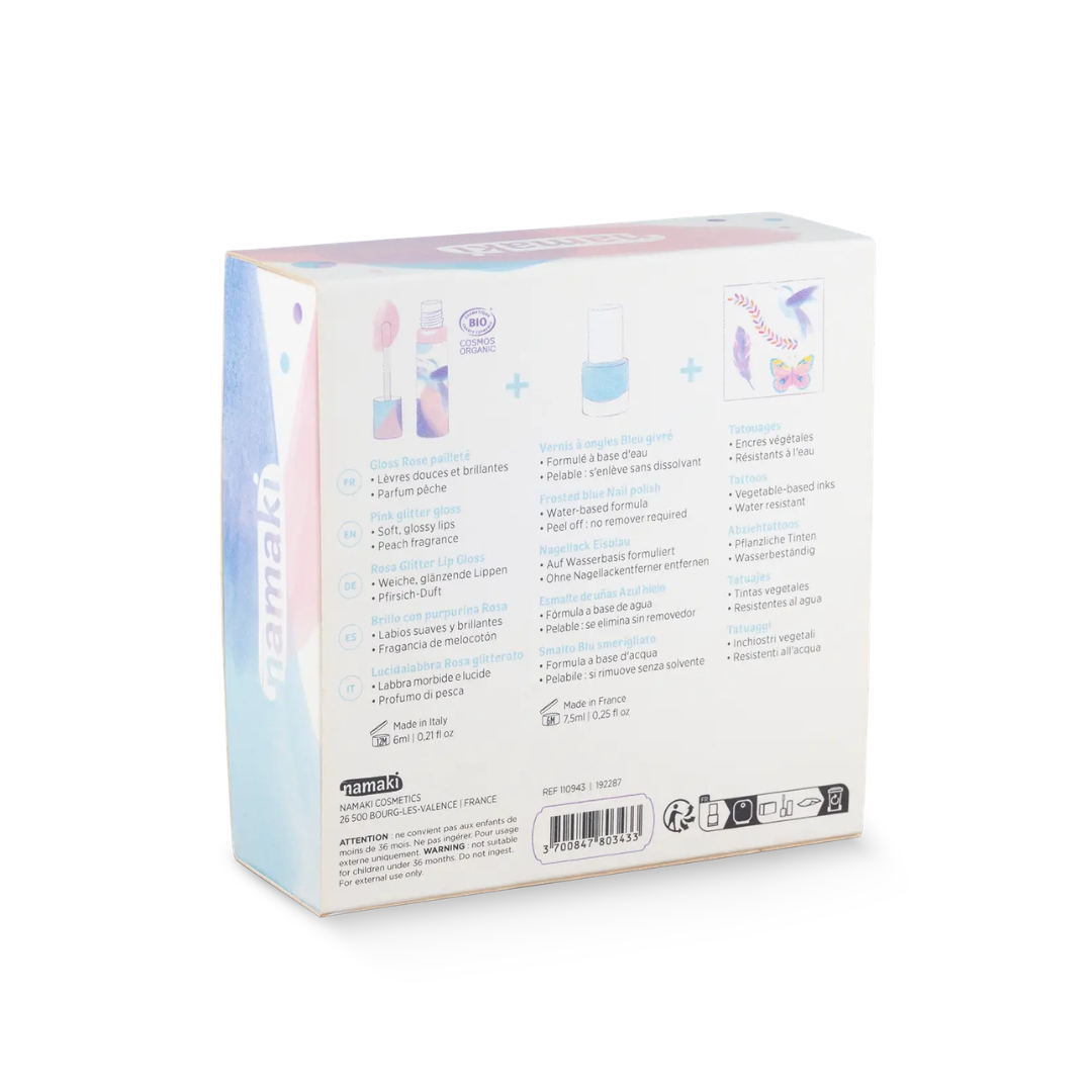 Namaki gyerek smink ajándék készlet – kolibri csomagolás hátoldal termékinformációkkal