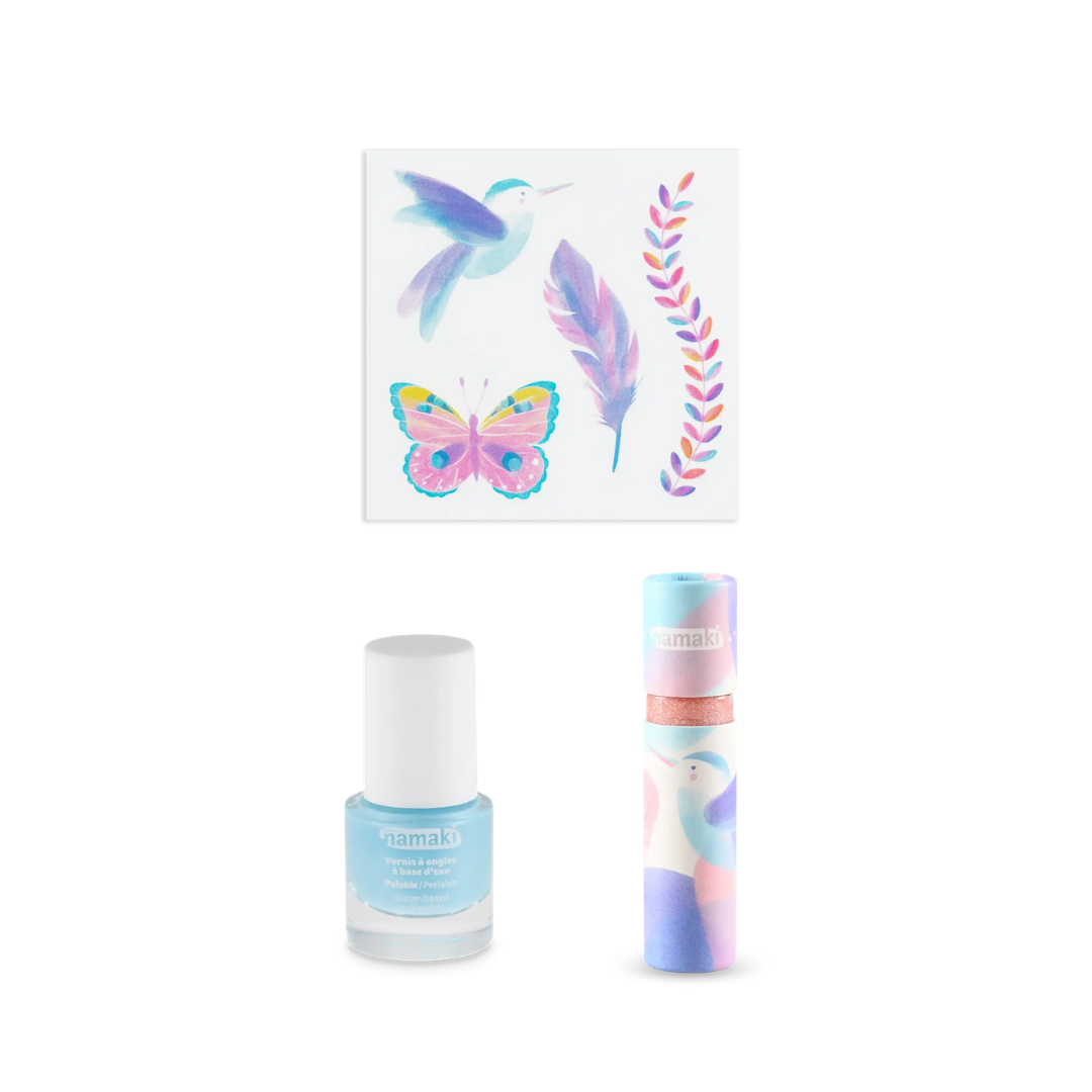 Namaki gyerek smink ajándék készlet – kolibri szett tartalma: szájfény, vízbázisú körömlakk és ideiglenes tetoválás