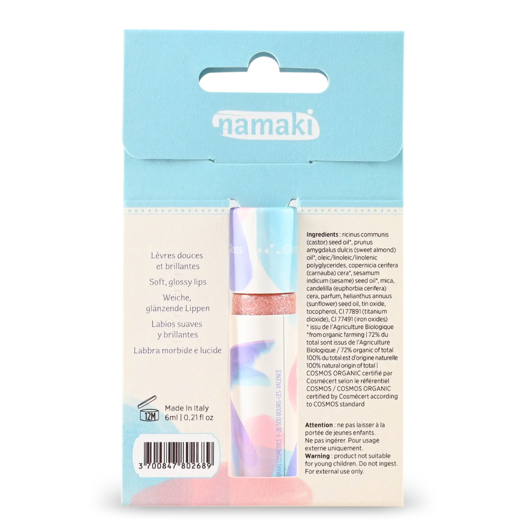 Namaki gyerek szájfény csillogó csomagolása hátulról, összetevőkkel