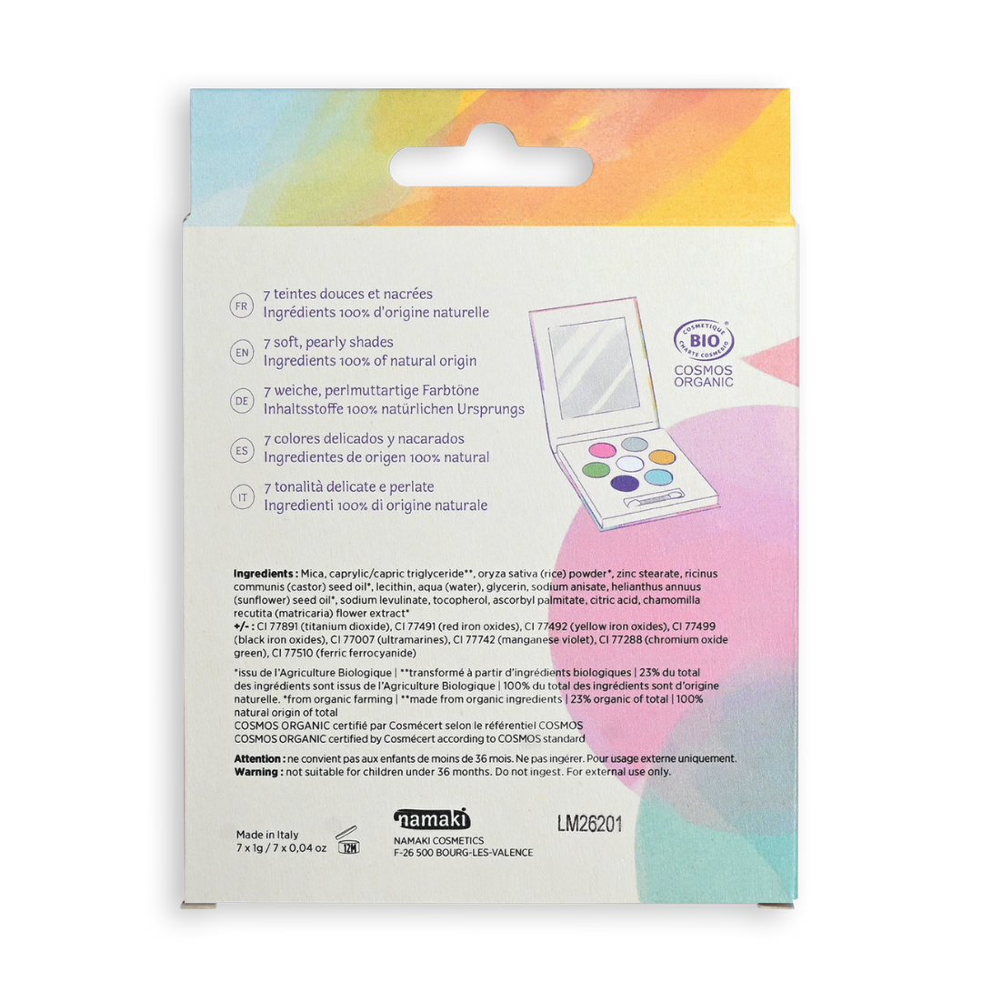 Namaki gyerek szemhéjpúder paletta Őzike csomagolása hátulról, összetevőkkel