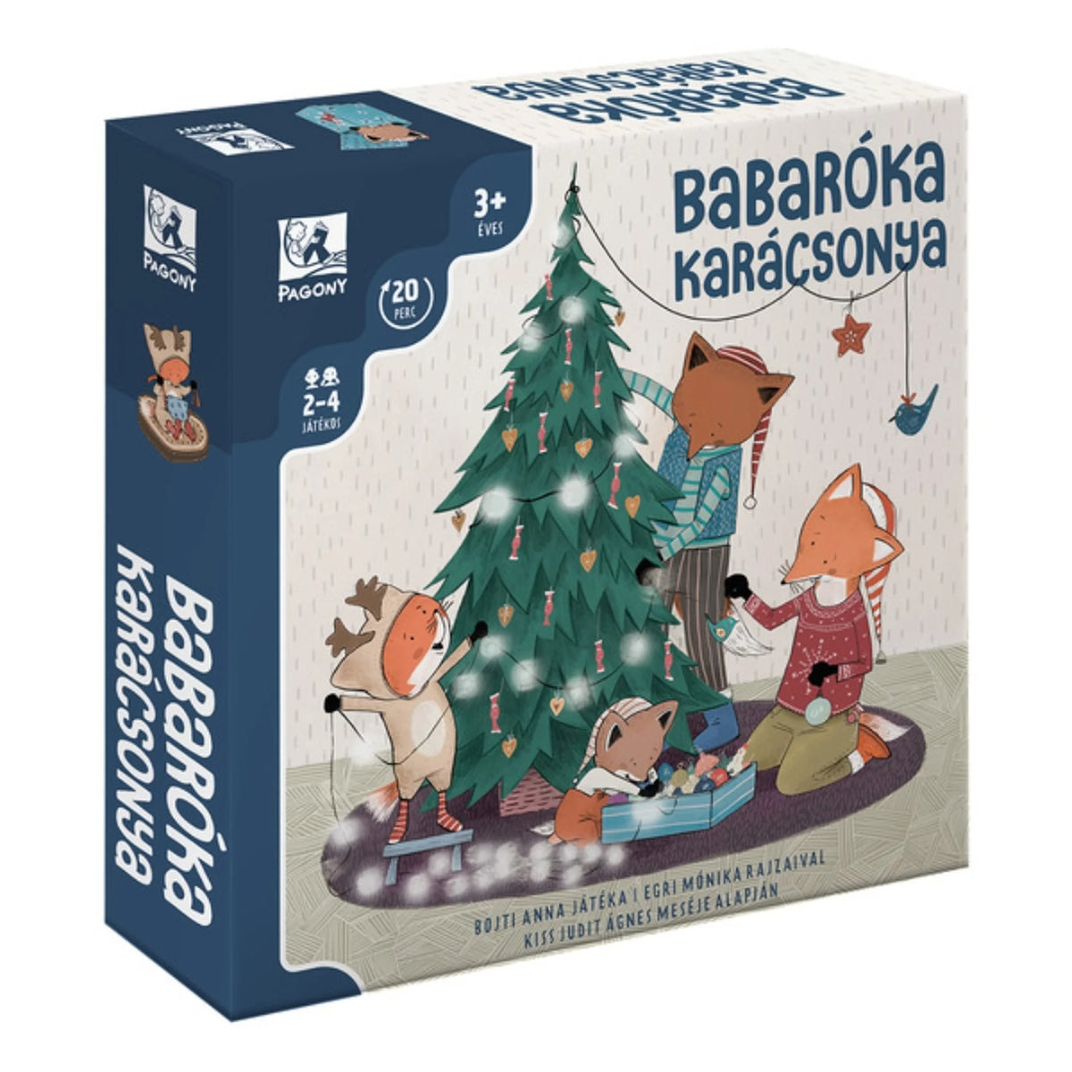 Babaróka karácsonya kooperatív karácsonyi társasjáték doboza: a rókacsalád együtt díszíti a karácsonyfát, 3 éves kortól, 2–4 játékosnak