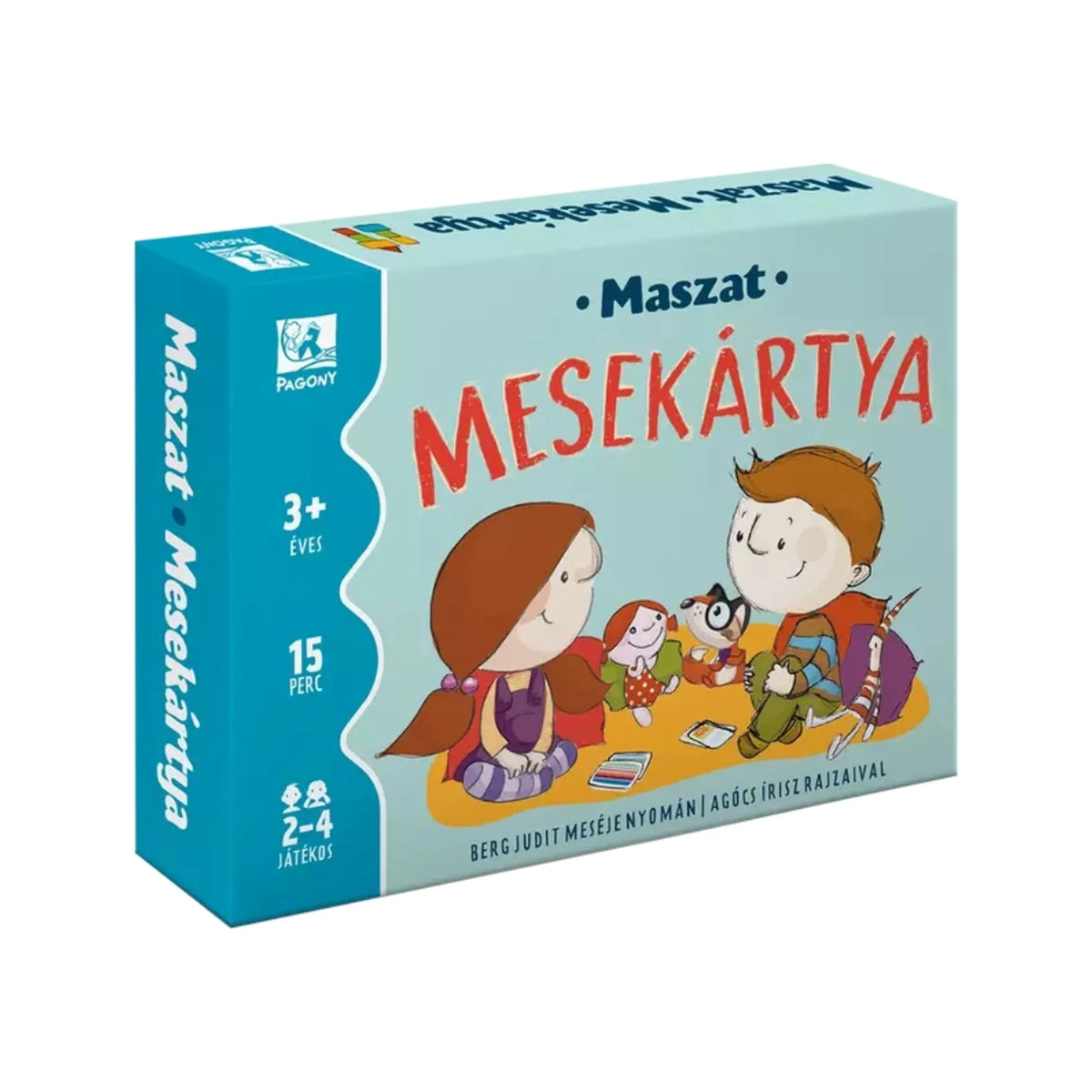 Maszat mesekártya kártyajáték doboza: Maszat és Sári a földön ülve kártyáznak plüssjátékaikkal, 3 éves kortól, 2–4 játékosnak