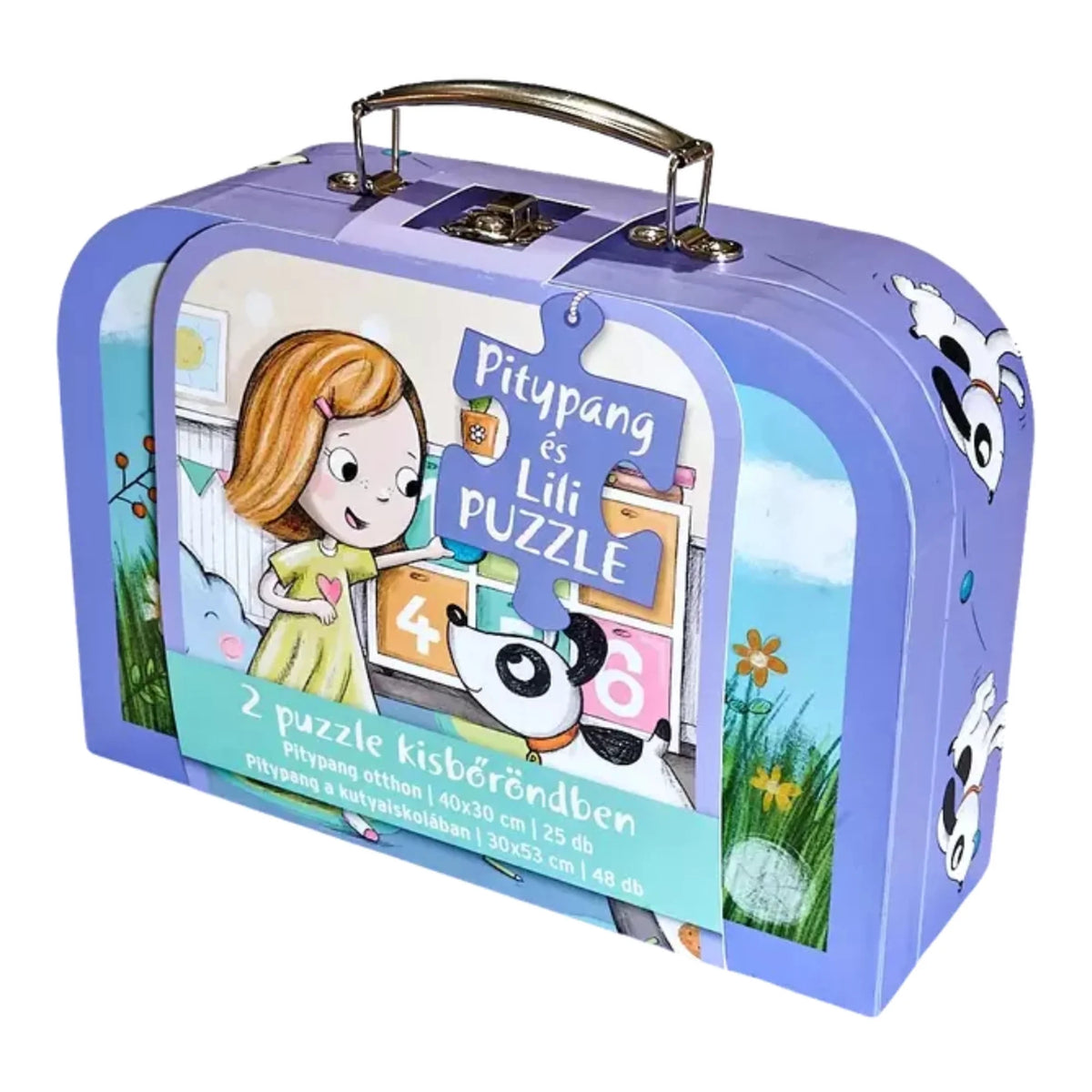 Pitypang és Lili puzzle kisbőröndben: lila, fogantyús kartonbőrönd Lilivel és Pitypanggal, benne 2 kirakó, 25 és 48 darabos