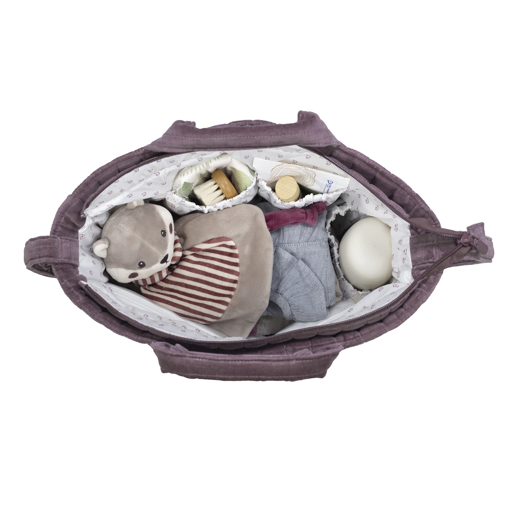 Jól rendszerezhető pelenkázó táska, vízálló kezelt bársony pamut anyagból, sok zsebbel, cipzáras záródással