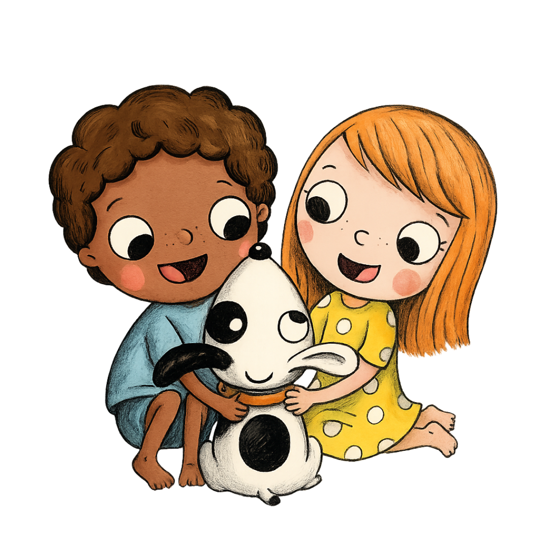 Rajzolt illusztráció a Pitypang és Lili könyvsorozatból: egy kisfiú, egy kislány és Pitypang kutya boldogan együtt játszanak