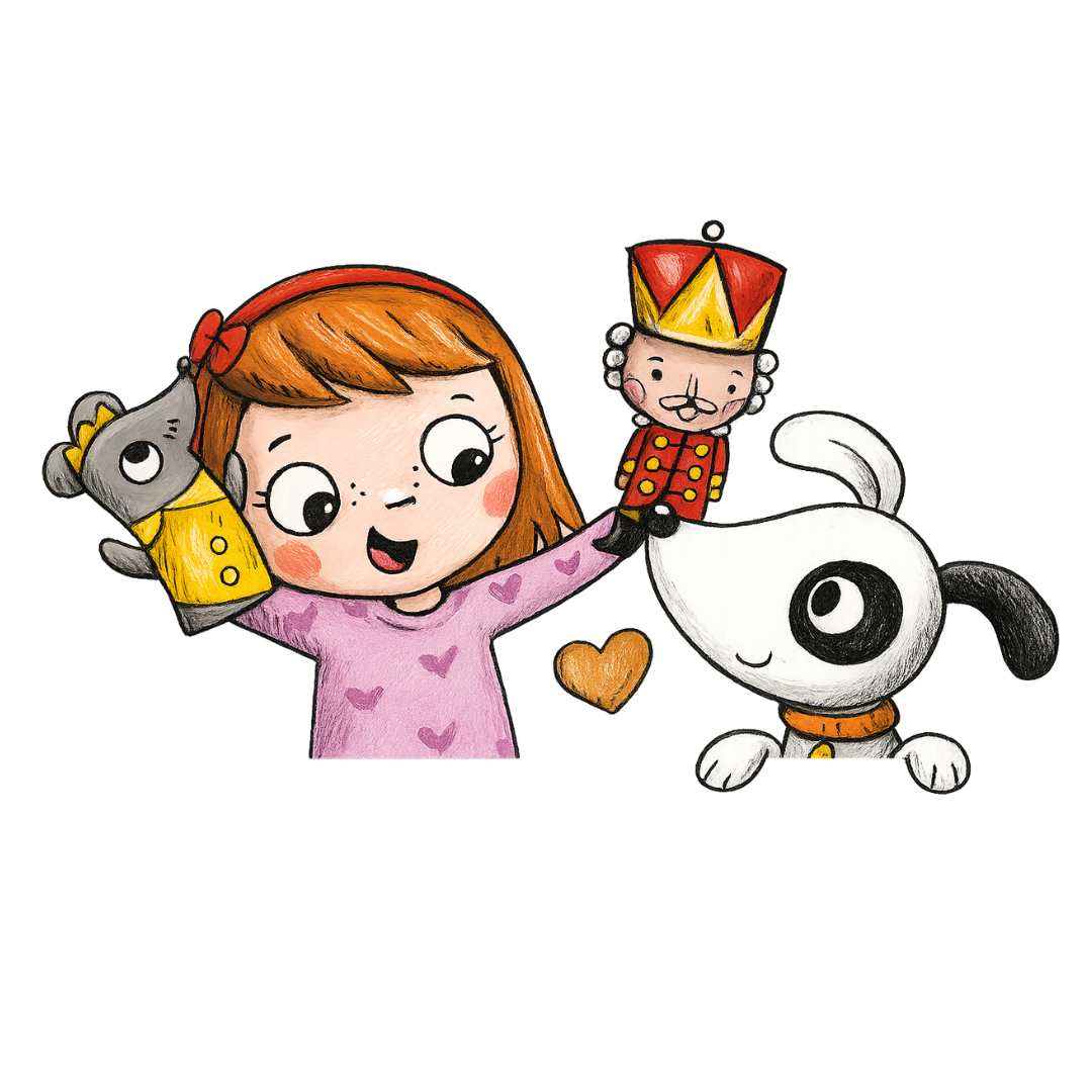 Lili bábozik, mellette Pitypang, a kutya jelenet a Pitypang és Lili könyvsorozatból