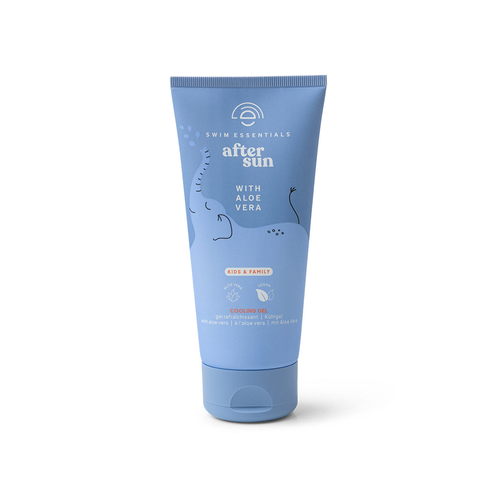 Swim Essentials napozás utáni hűsítő gél aloe verával, 150 ml-es kék tubusban, elefánt mintával.