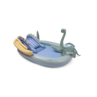 Swim Essentials kék-sárga dínós élménymedence csúszdával és hosszú nyakú dinoszaurusz figurával.