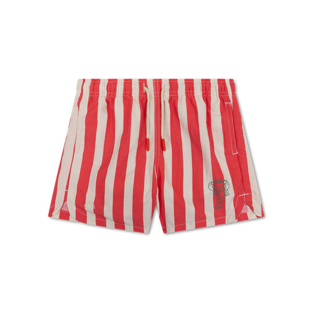 Swim Essentials barna homár mintás és csíkos férfi úszónadrág fehér háttér előtt.