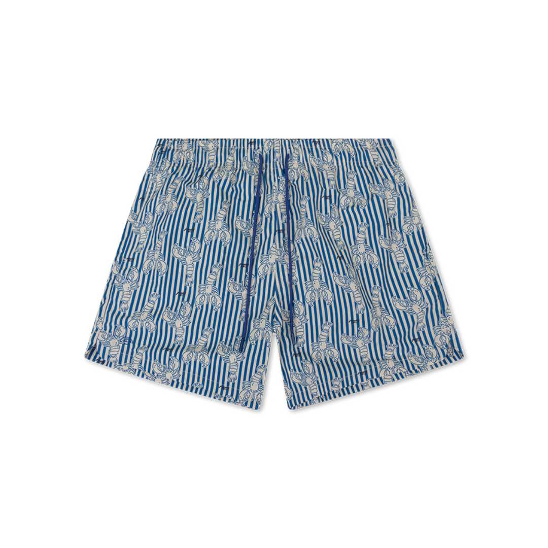 Swim Essentials barna kék homár mintás és csíkos férfi úszónadrág fehér háttér előtt.