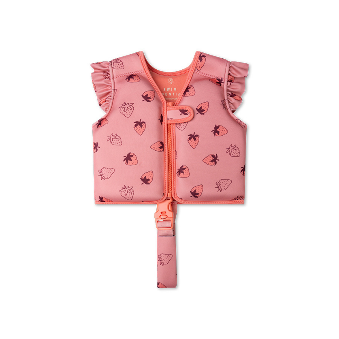 Swim Essentials rózsaszín gyerek neoprén úszómellény vidám eper mintával és fodor részletekkel.