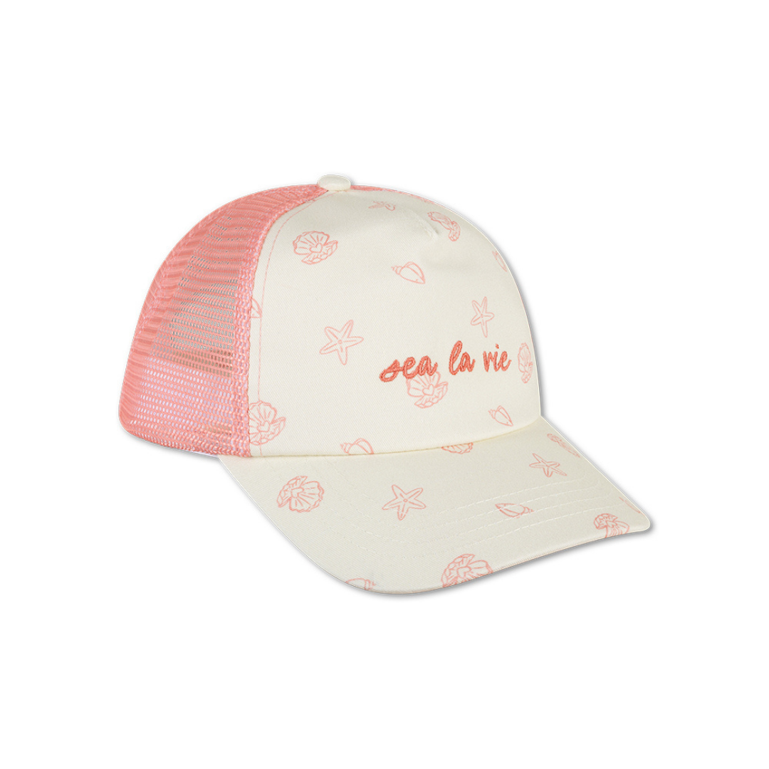 Swim Essentials bézs alapon korall kagyló mintás gyerek baseball sapka hímzett Sea La Vie felirattal.
