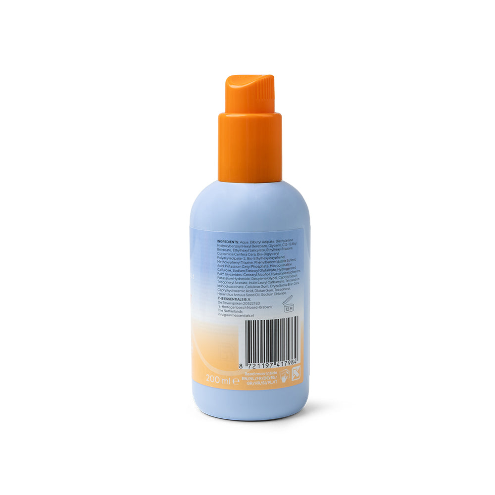 A Swim Essentials 200 ml-es napvédő spray hátoldala a részletes használati utasítással.