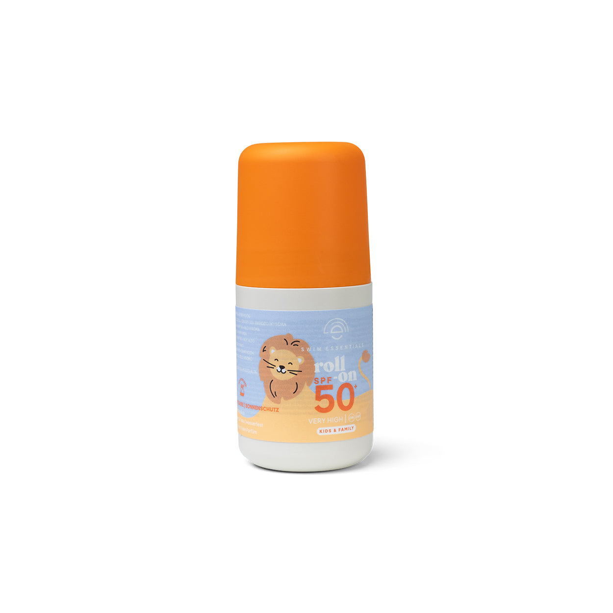Swim Essentials 100 ml-es golyós naptej érzékeny bőrre, SPF 50+ védelemmel és oroszlán mintával.