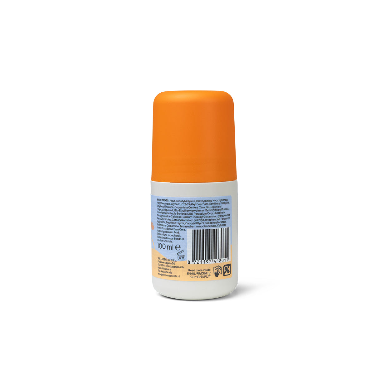 A Swim Essentials 100 ml-es golyós naptej hátoldala az összetevőkkel és leírással.