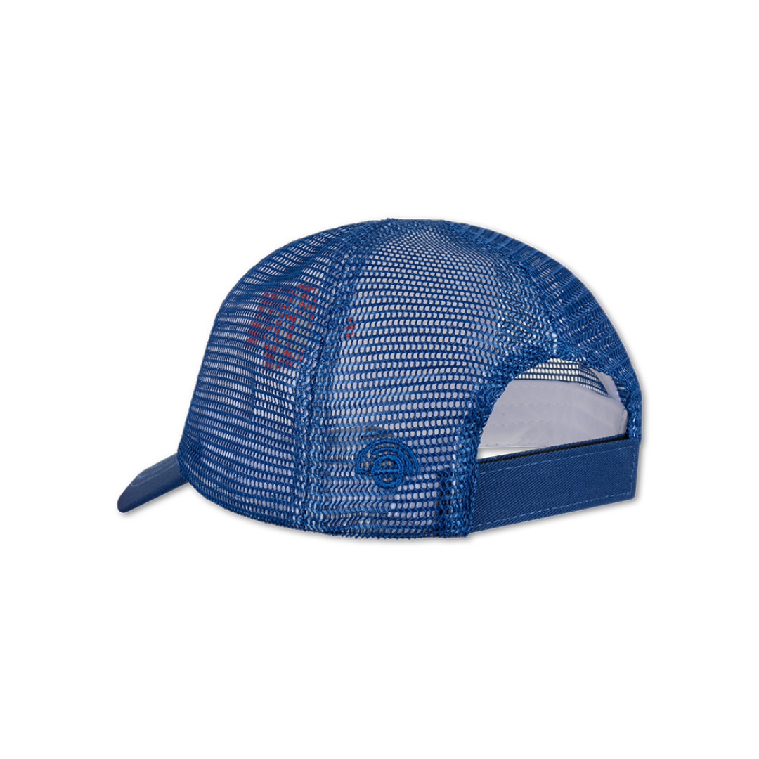 Swim Essentials kék hálós gyerek trucker sapka hátulnézete, állítható pánttal a tökéletes illeszkedésért.