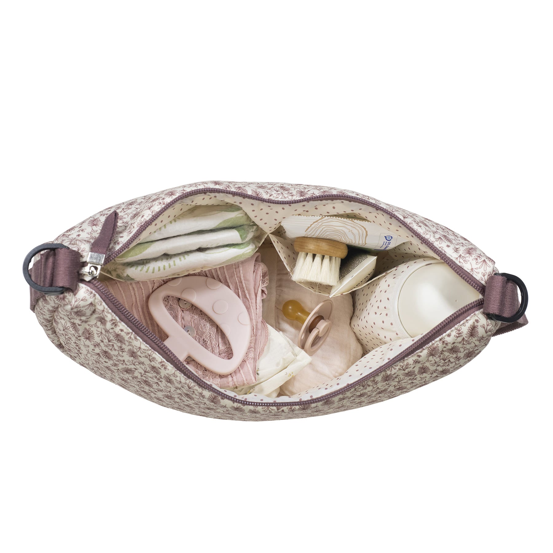 Pelenkázó táska belső zsebekkel és thermo zsebbel, ívelt, godnola forma - Gala kollekció rózsaszín virágokkal