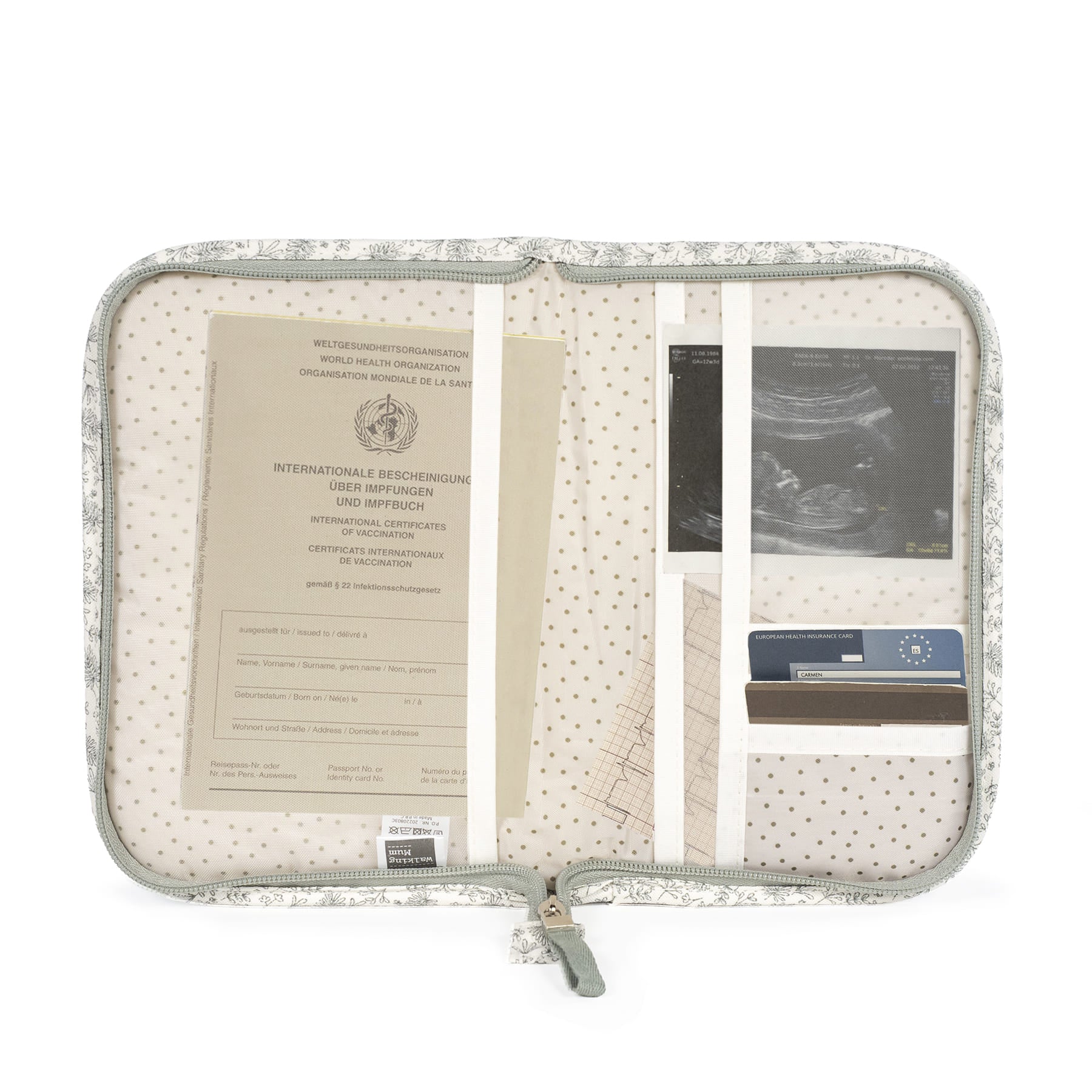 Walking Mum Gala menta egészségügyi kiskönyv borító iratokkal és ultrahang fotóval