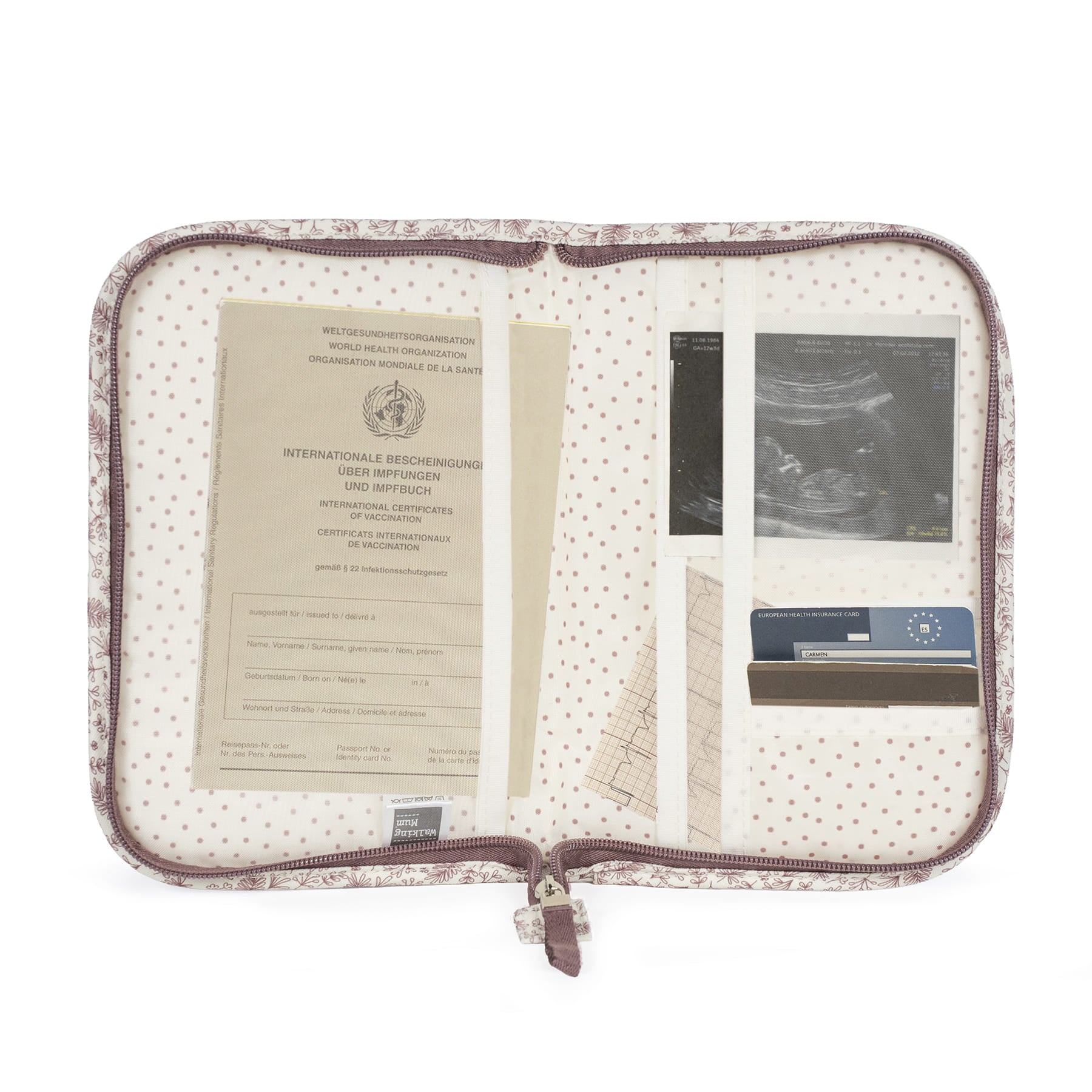 Walking Mum Gala rózsaszín egészségügyi kiskönyv borító iratokkal és ultrahang fotóval