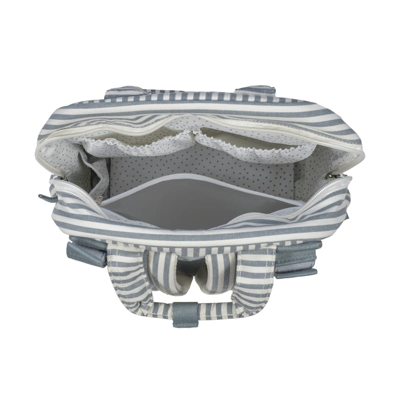 Belső elasztikus zsebek és hőszigetelt rekesz a zöld-fehér csíkos Matcha hátizsákban