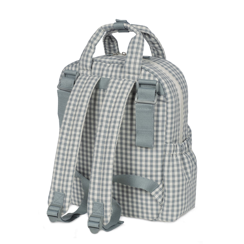 A Matcha zöld kockás pelenkázó táska hátulnézete a pántokkal