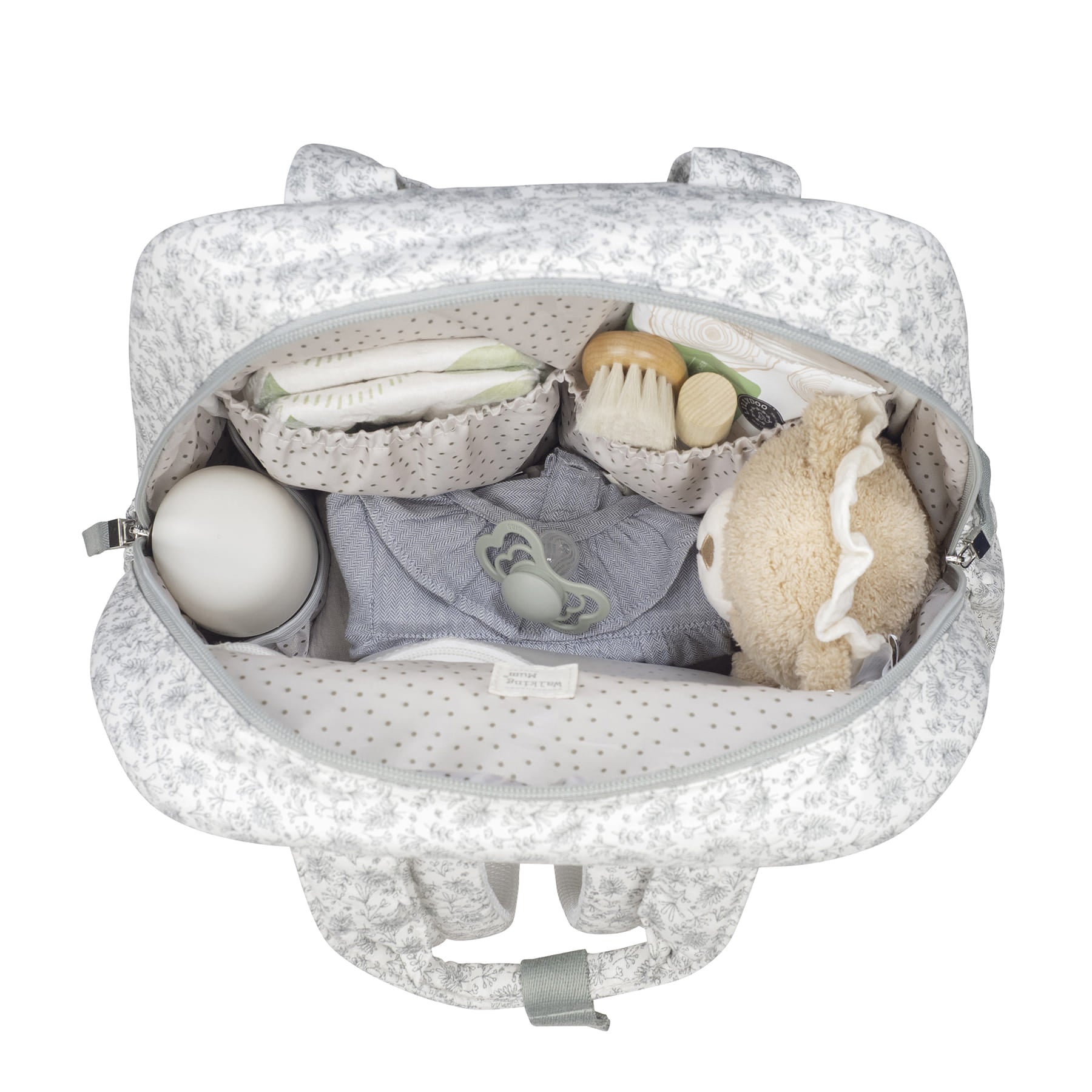 Átláthatóan, rendszerezetten pakolható pelenkázó táska menta árnyalatban, virágos mintával