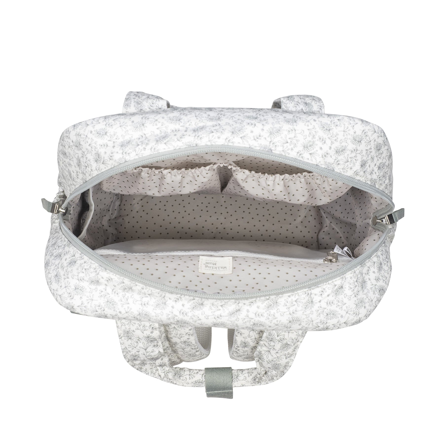 Virágos mintával ellátott menta pelenkázó hátizsák 4 belső és 3 külsőm zsebbel a könnyű rendszerezés érdekében