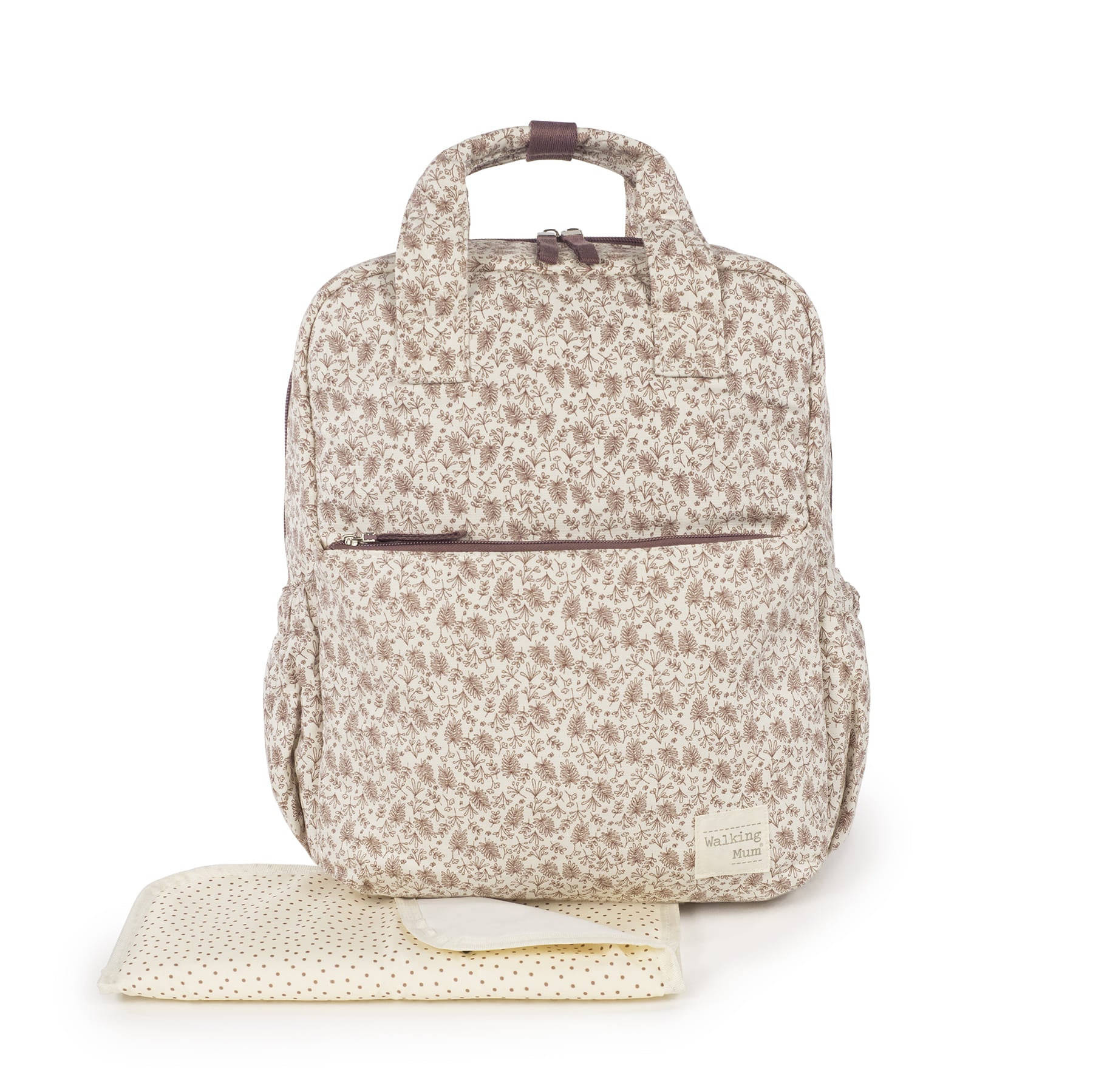 Walking Mum pelenkázó hátizsák virág mintával, rózsaszín színben hozzá illő pelenkázó lappa.