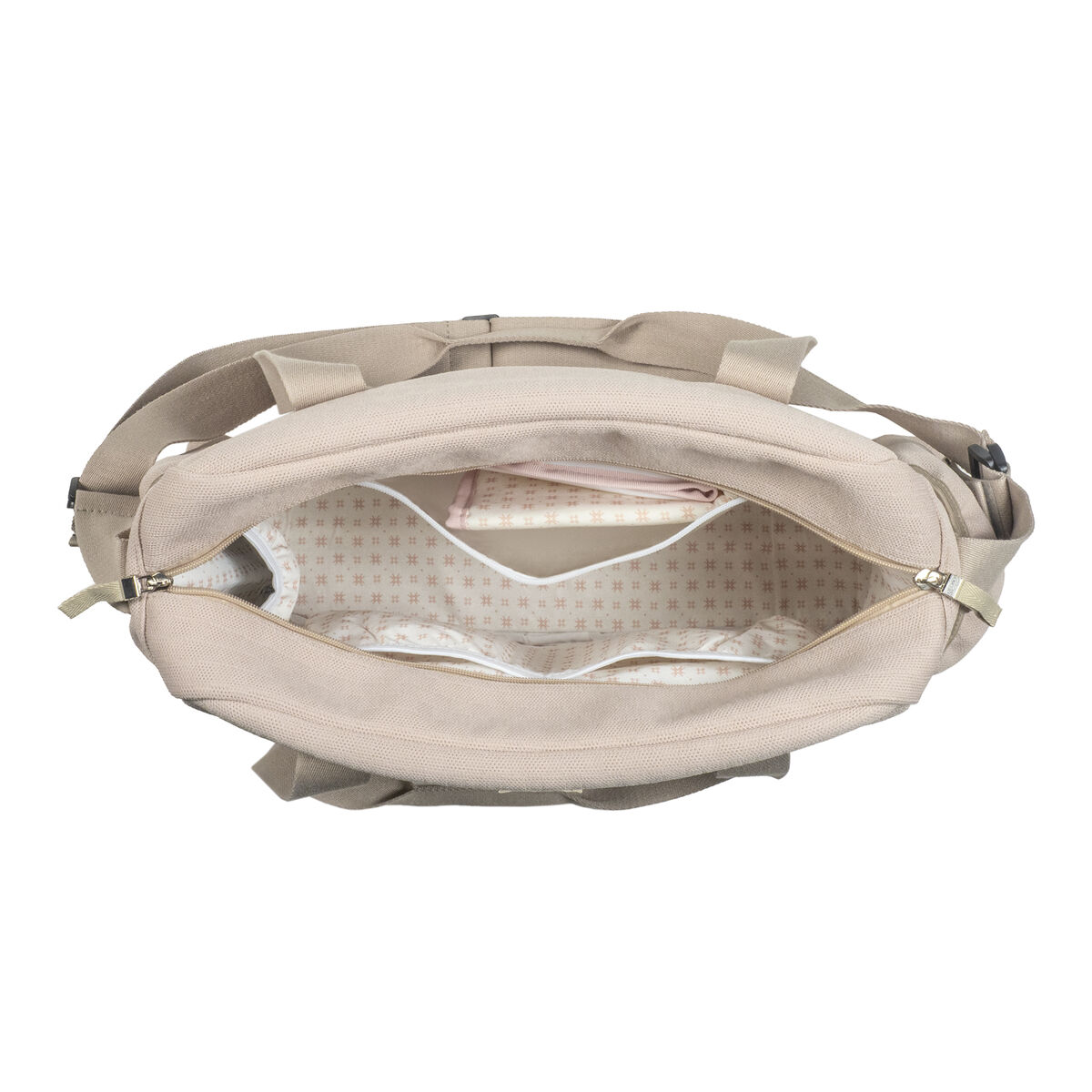 Nagy pelenkázó táska Eco Mum bézs színben, négy belső zsebbel, és három külső zsebbel