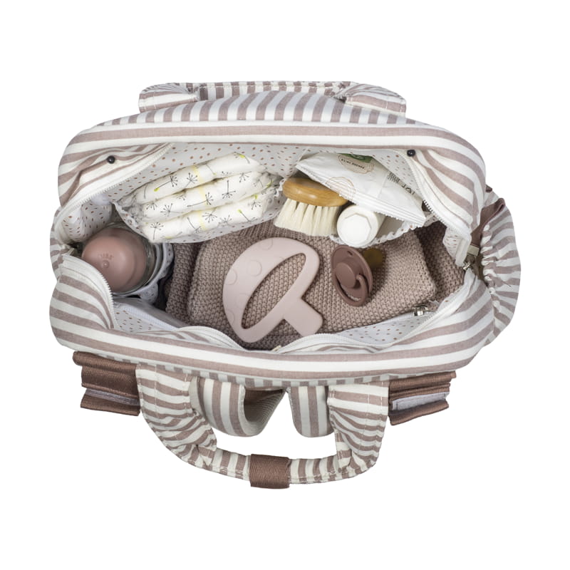 Rózsaszín-fehér csíkos Praliné pelenkázó hátizsák belseje pelenkázó lappal