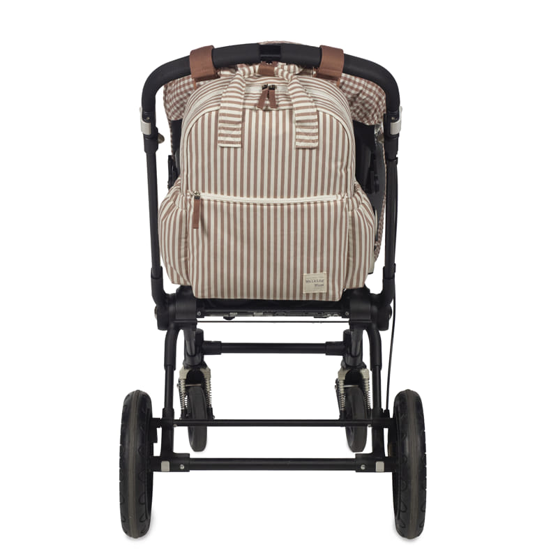 Walking Mum Praliné rózsaszín-fehér csíkos pelenkázó hátizsák babakocsin