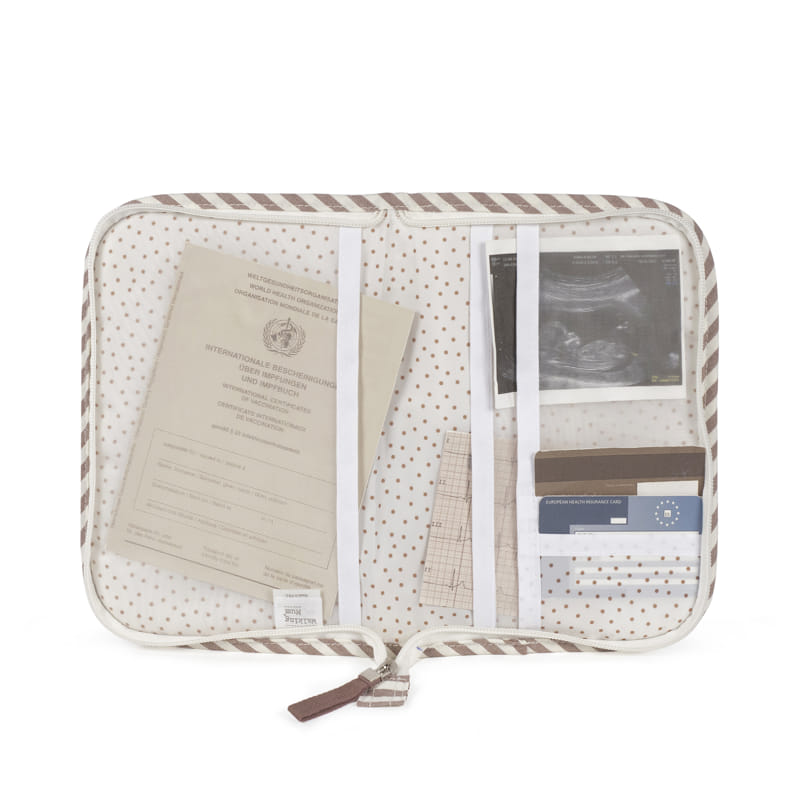 Walking Mum Praliné rózsaszín csíkos egészségügyi kiskönyv borító iratokkal és ultrahang fotóval