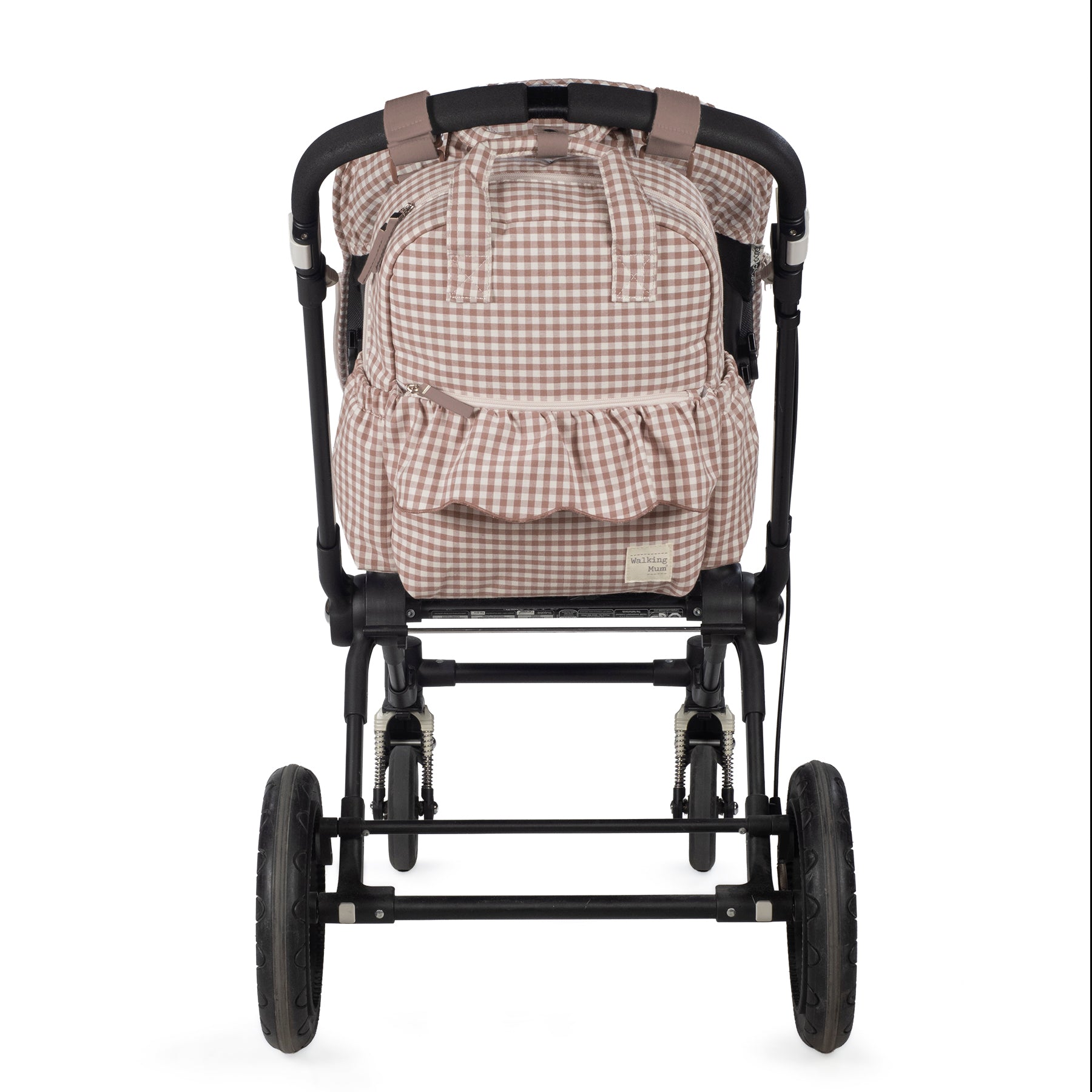 Walking Mum Praliné rózsaszín kockás pelenkázó hátizsák babakocsira rögzítve