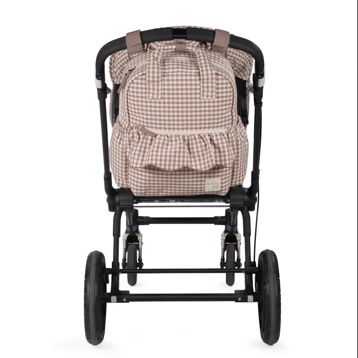 Walking Mum Praliné rózsaszín kockás pelenkázó hátizsák babakocsira rögzítve