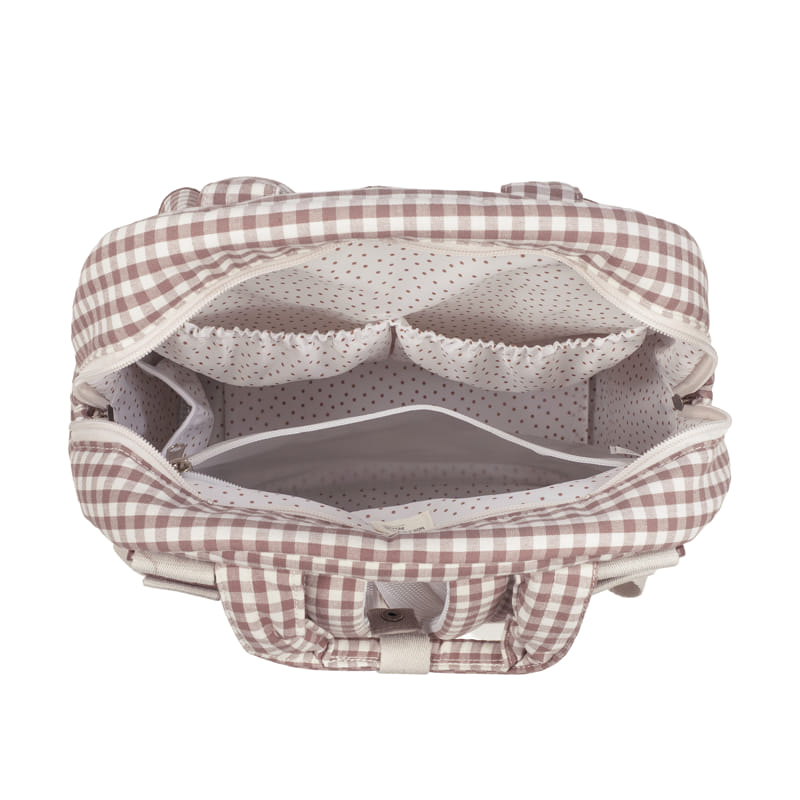 Belső elasztikus zsebek a rózsaszín kockás Praliné hátizsákban